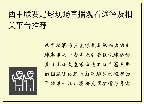 西甲联赛足球现场直播观看途径及相关平台推荐